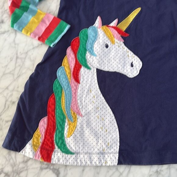 Mini Boden Rainbow Unicorn Applique Dress Girls 7/8 Pockets Long Sleeve Navy - Picture 2 of 5